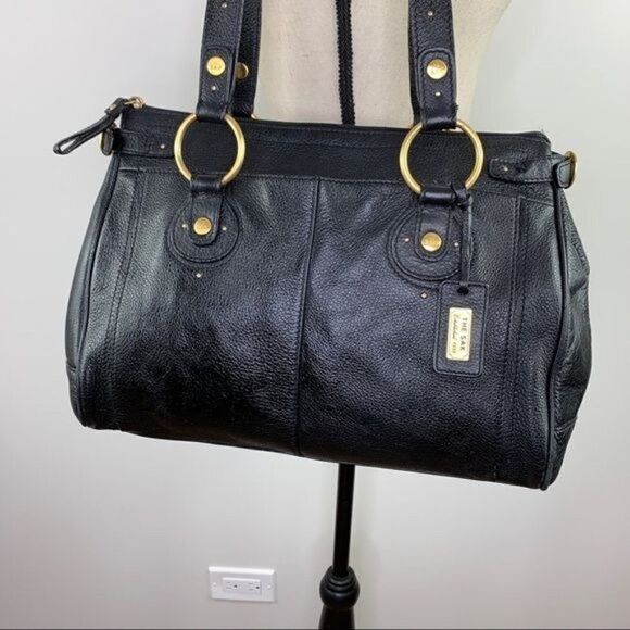 The Sak Pink Label Black Leather Satchel Shoulder Bag Brass Rings Double Strap - Picture 2 of 16